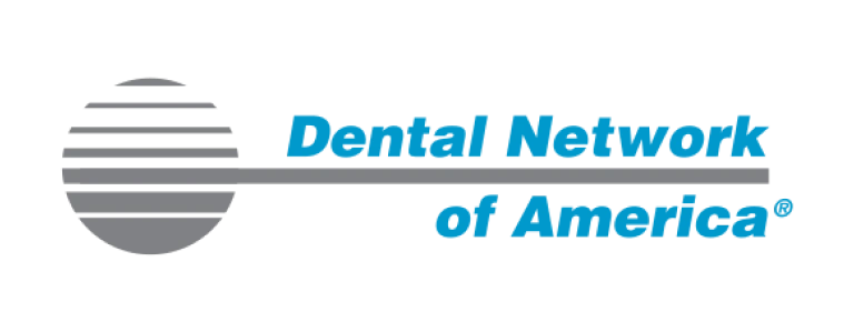 Dental Network of America logo with gray striped circle and blue text.