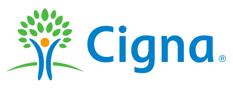 Cigna insurance logo featuring stylized tree and person symbol in blue and green.