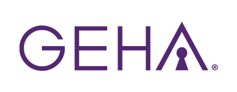 GEHA logo with purple text and registered trademark symbol on white background.