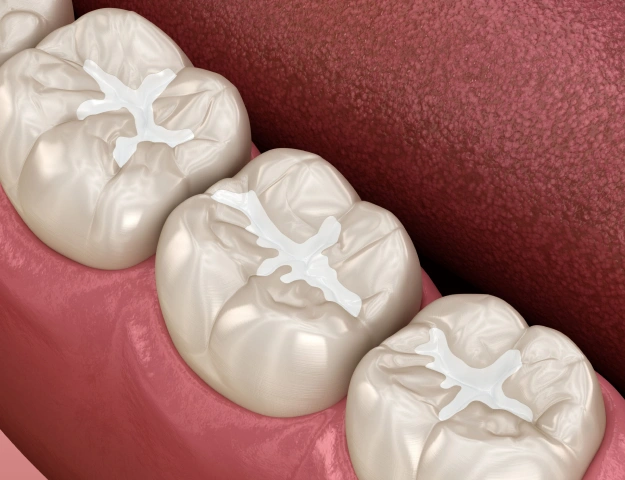 Three dental crowns displayed on pink gum model showing tooth restoration and cosmetic dentistry work.