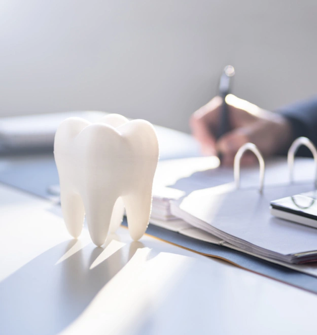 White tooth model on dental desk with blurred dentist and instruments in background