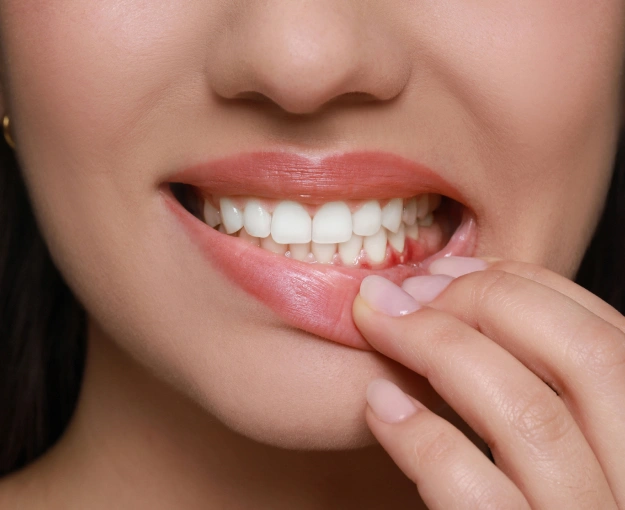 Woman displaying healthy white teeth while touching her gum with finger, smiling.