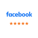 Facebook logo with five orange stars below it, indicating a customer review rating